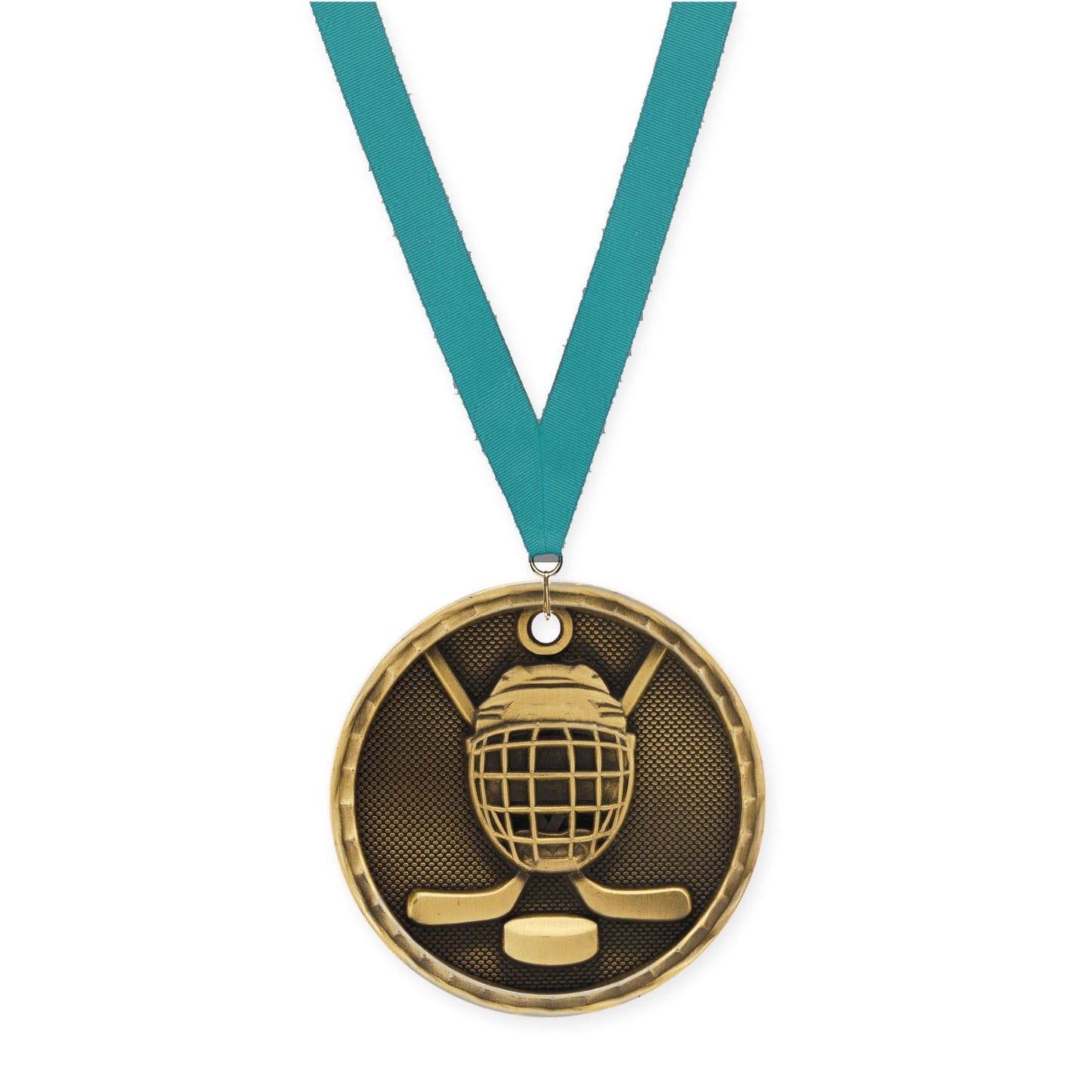 2 inch hockey 3-D medal in antique gold with Teal neck ribbon