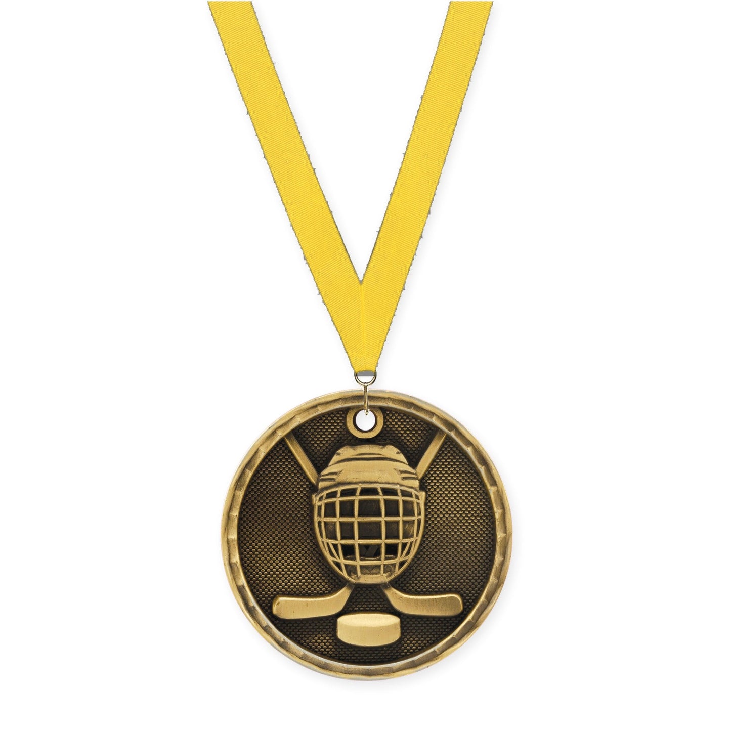 2 inch hockey 3-D medal in antique gold with Yellow neck ribbon