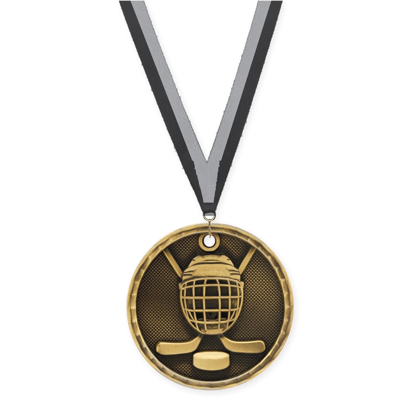 2 inch hockey 3-D medal in antique gold with Black Gray neck ribbon