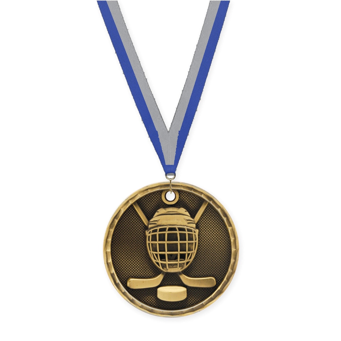 2 inch hockey 3-D medal in antique gold with Blue Gray neck ribbon