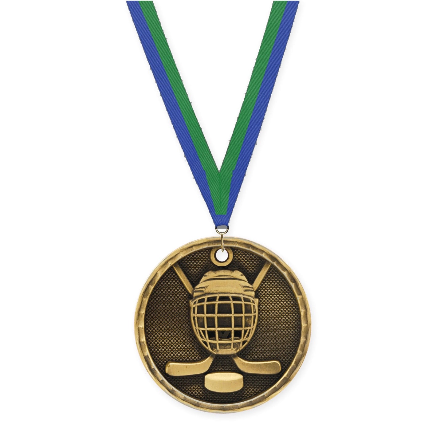2 inch hockey 3-D medal in antique gold with Blue Green neck ribbon