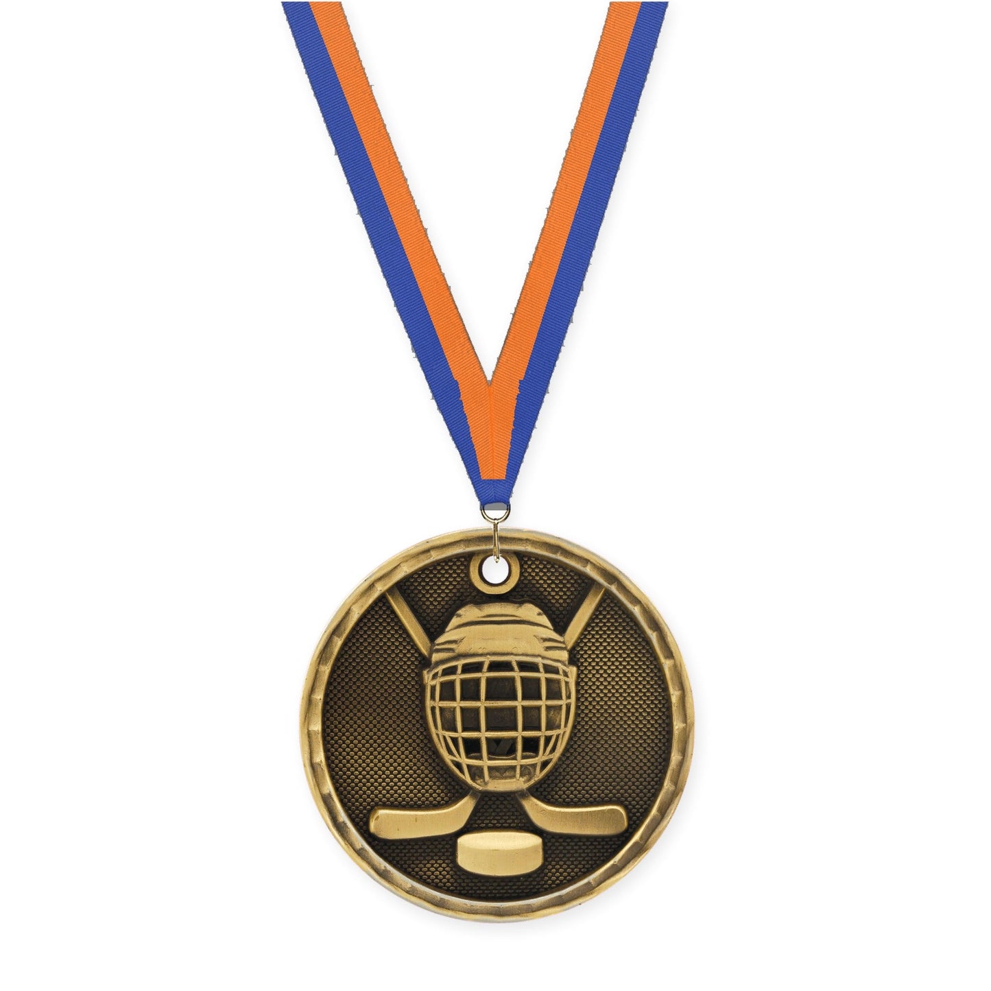 2 inch hockey 3-D medal in antique gold with Blue Orange neck ribbon