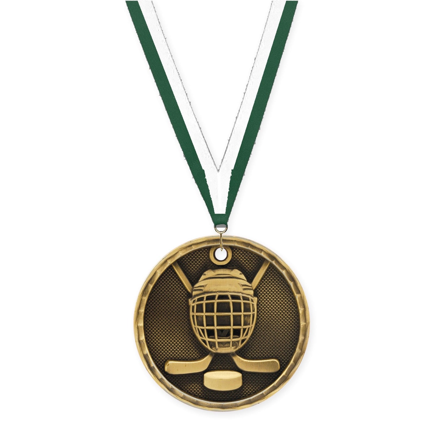 2 inch hockey 3-D medal in antique gold with Hunter Green White neck ribbon