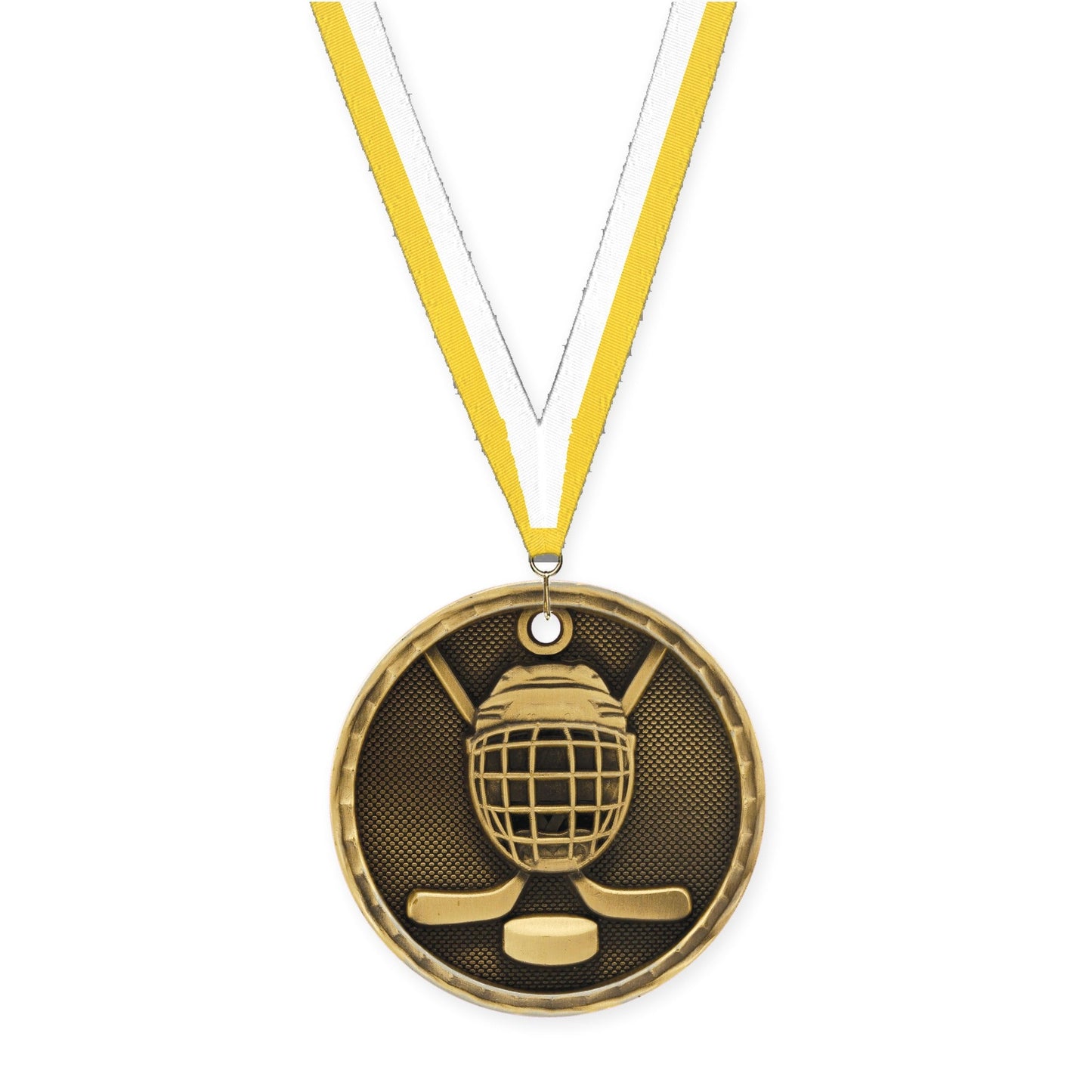 2 inch hockey 3-D medal in antique gold with Yellow White neck ribbon
