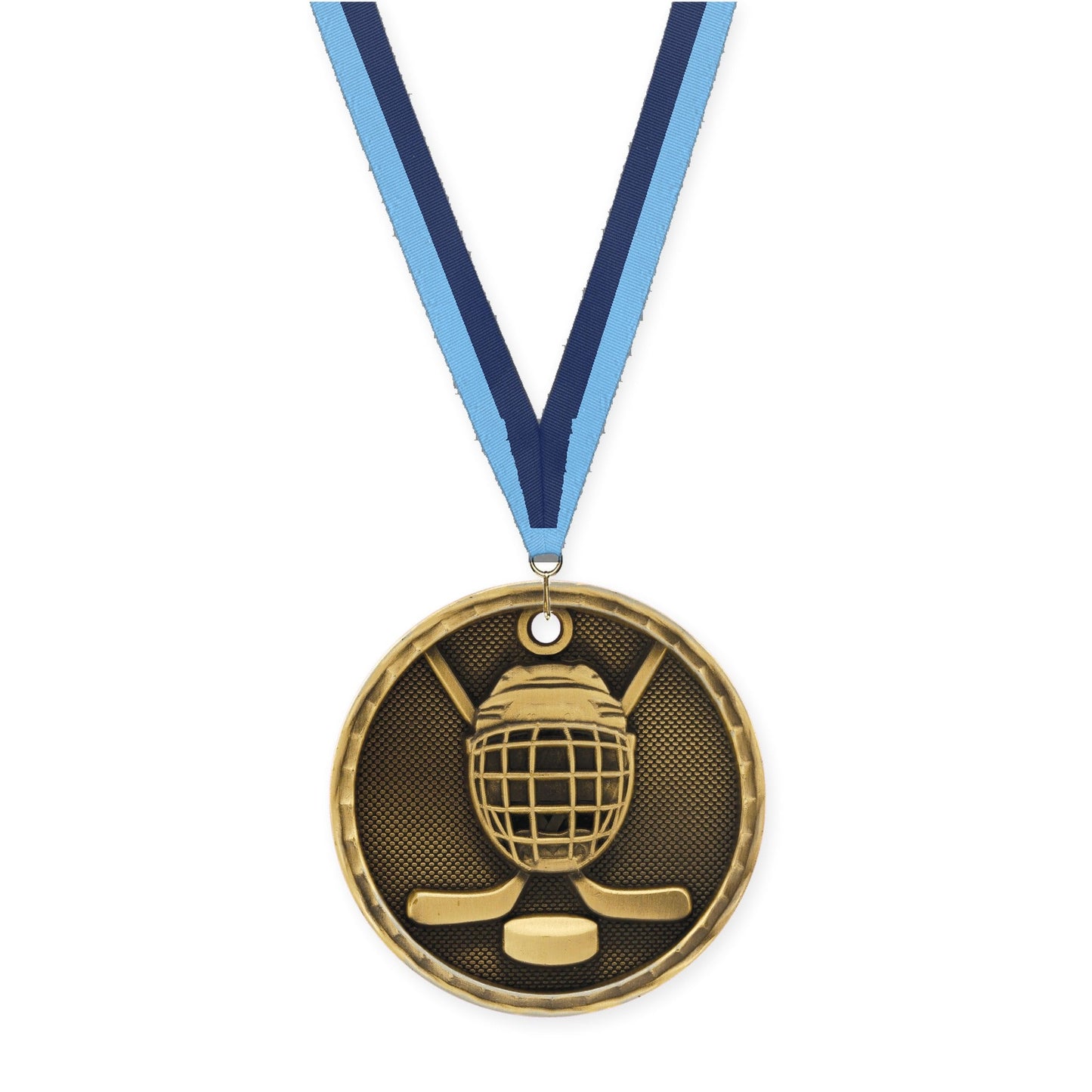 2 inch hockey 3-D medal in antique gold with Light Blue Navy neck ribbon