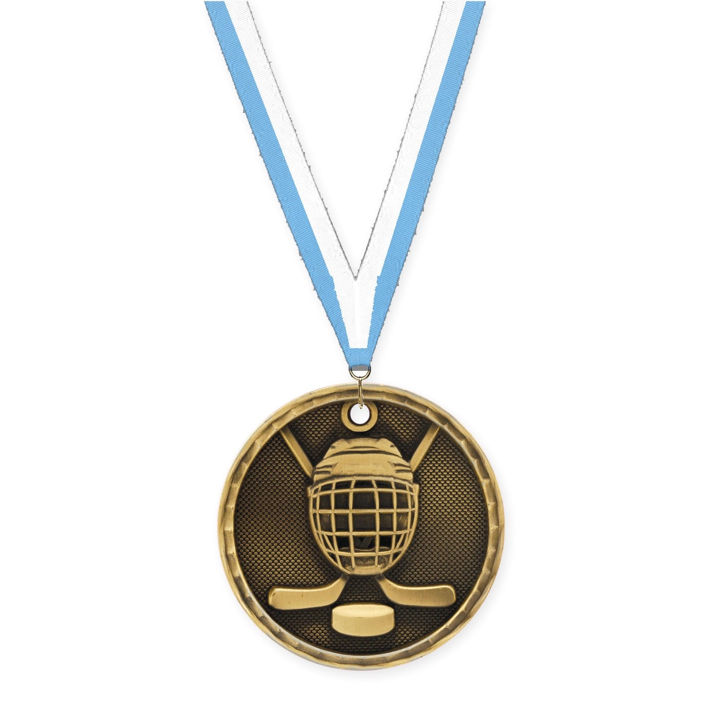 2 inch hockey 3-D medal in antique gold with Light Blue White neck ribbon