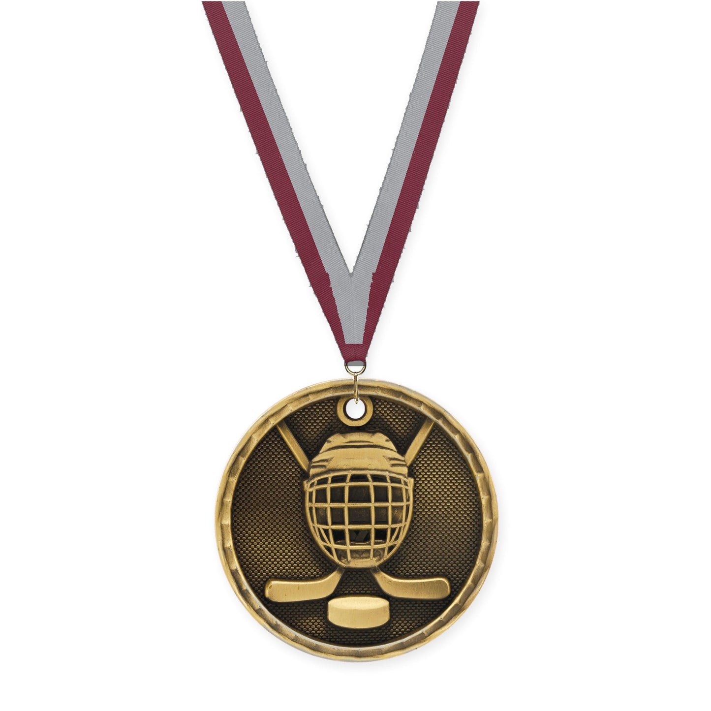 2 inch hockey 3-D medal in antique gold with Maroon Gray neck ribbon