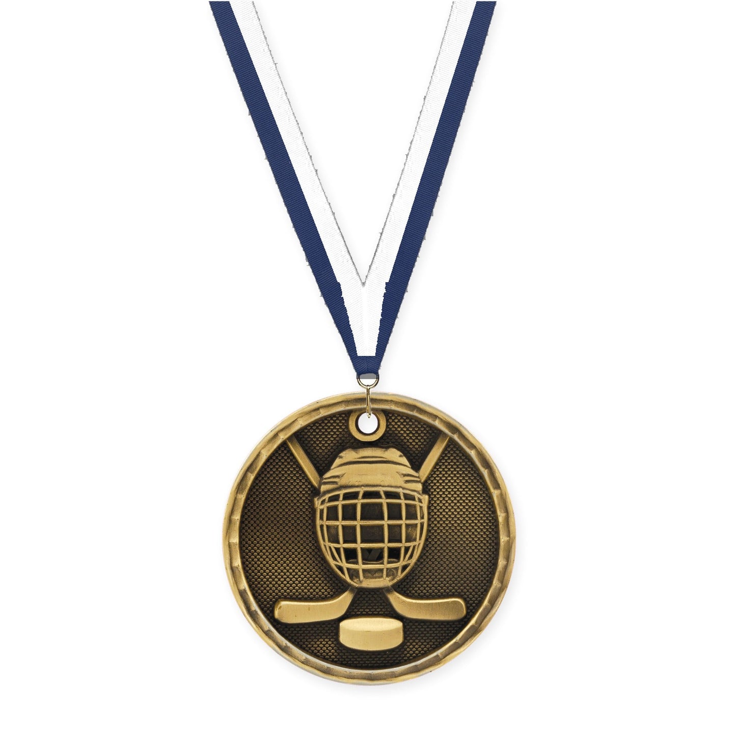 2 inch hockey 3-D medal in antique gold with Navy White neck ribbon