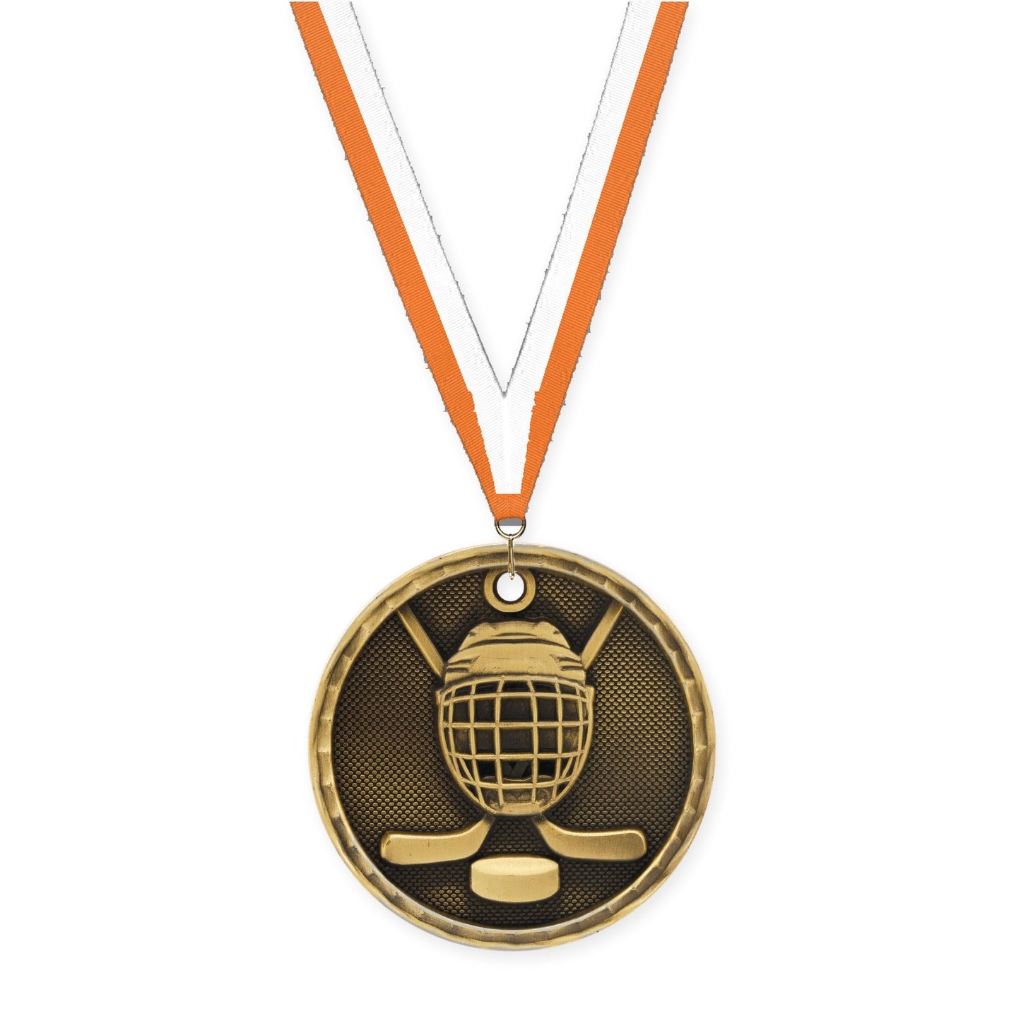 2 inch hockey 3-D medal in antique gold with Orange White neck ribbon