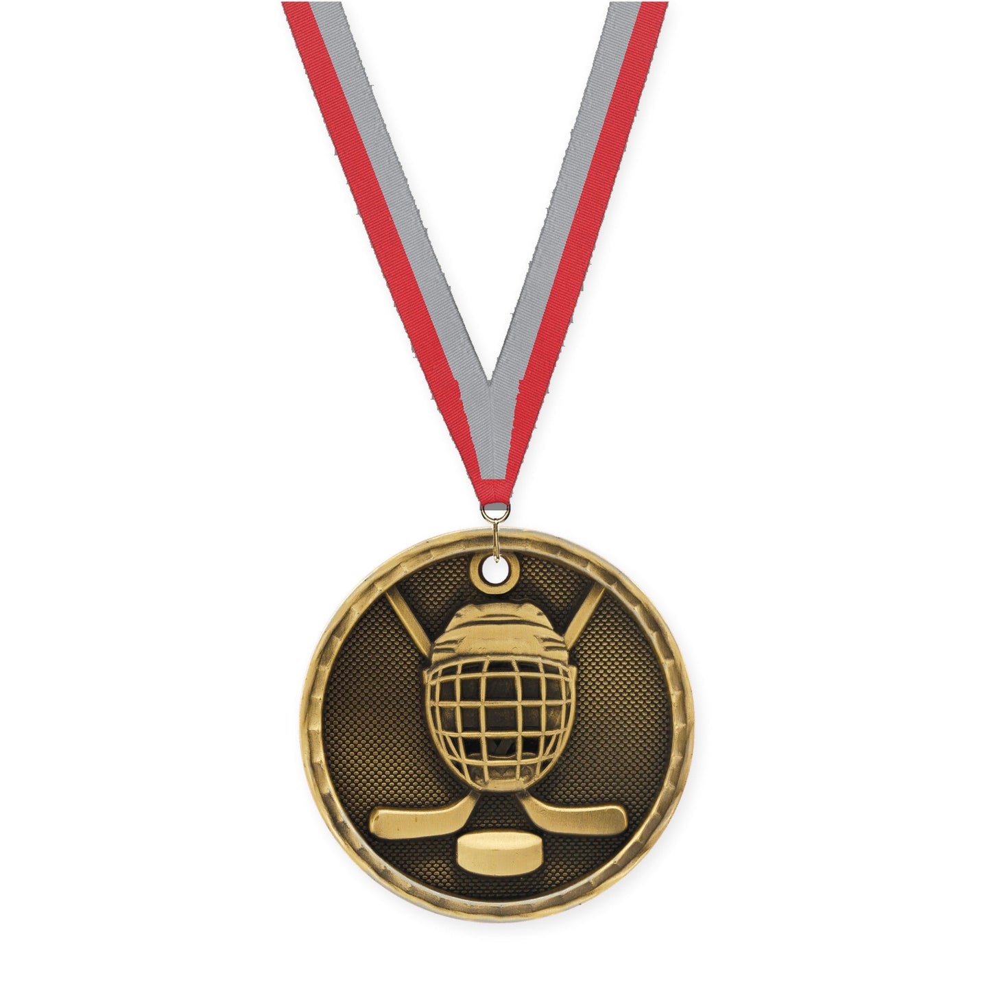 2 inch hockey 3-D medal in antique gold with Red Gray neck ribbon
