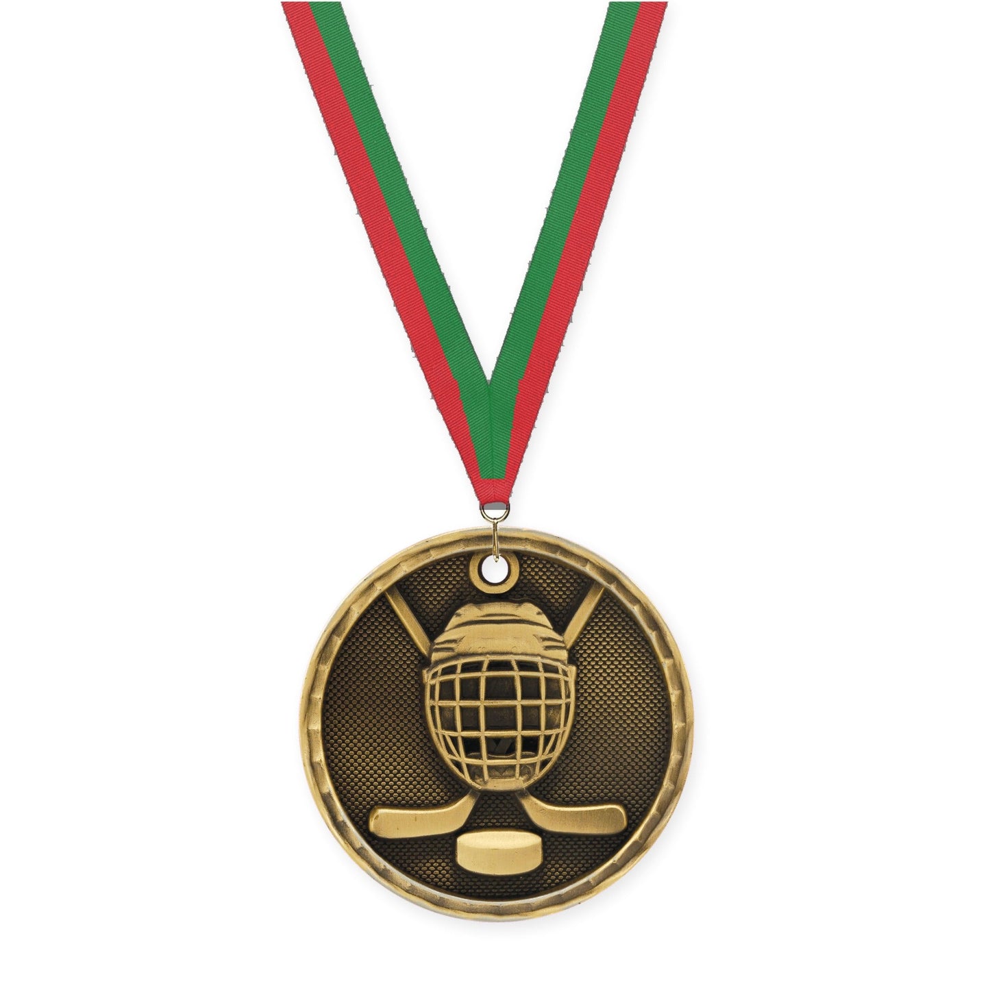 2 inch hockey 3-D medal in antique gold with Red Green neck ribbon