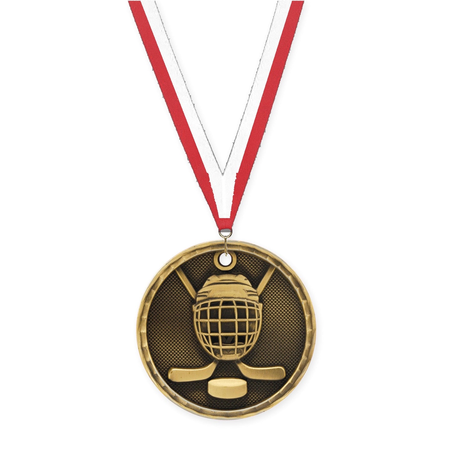 2 inch hockey 3-D medal in antique gold with Red White neck ribbon