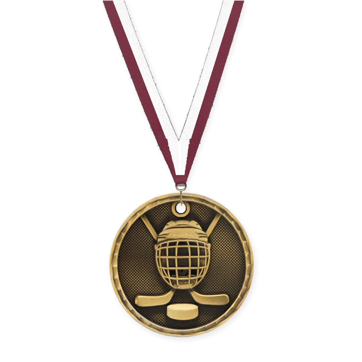 2 inch hockey 3-D medal in antique gold with Maroon White neck ribbon