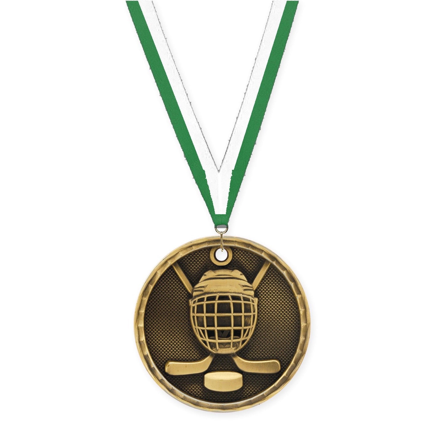 2 inch hockey 3-D medal in antique gold with Green White neck ribbon