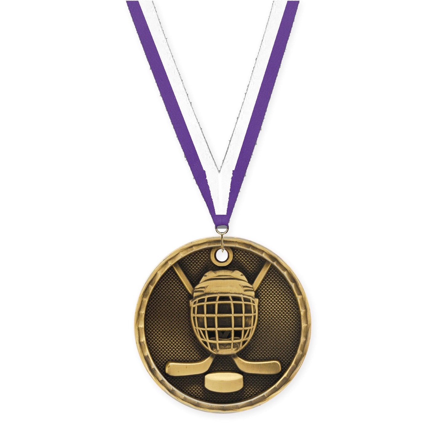2 inch hockey 3-D medal in antique gold with Purple White neck ribbon