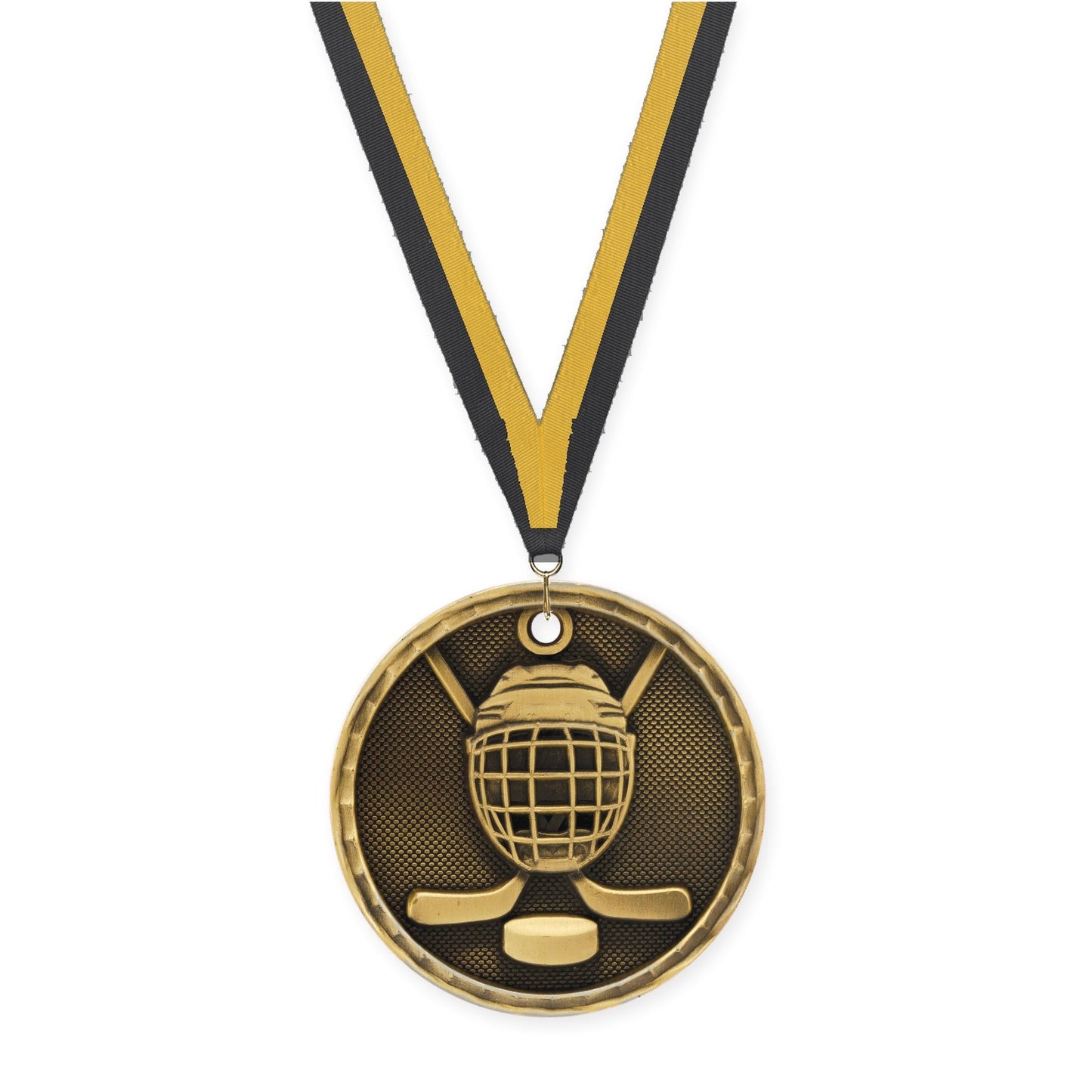 2 inch hockey 3-D medal in antique gold with Black Gold neck ribbon