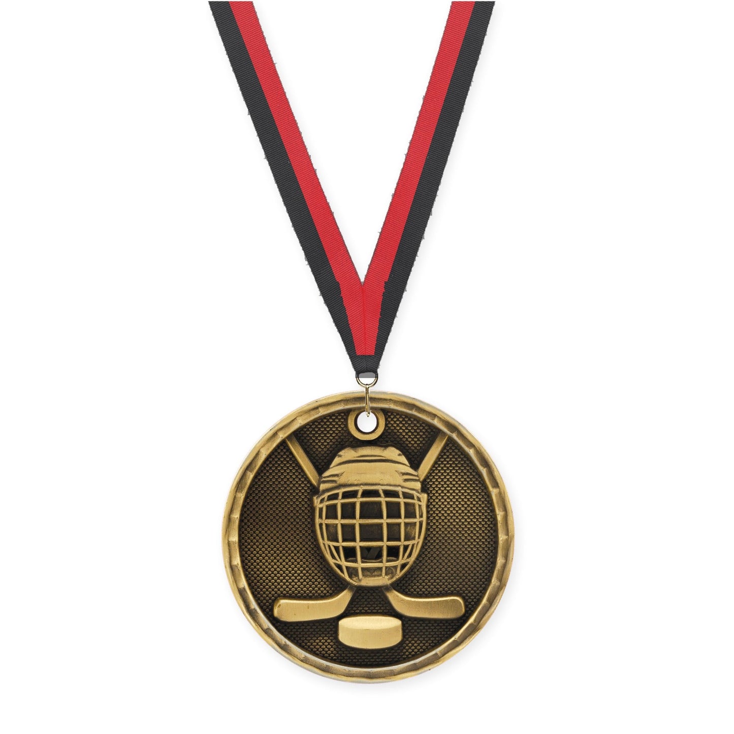 2 inch hockey 3-D medal in antique gold with Black Red neck ribbon