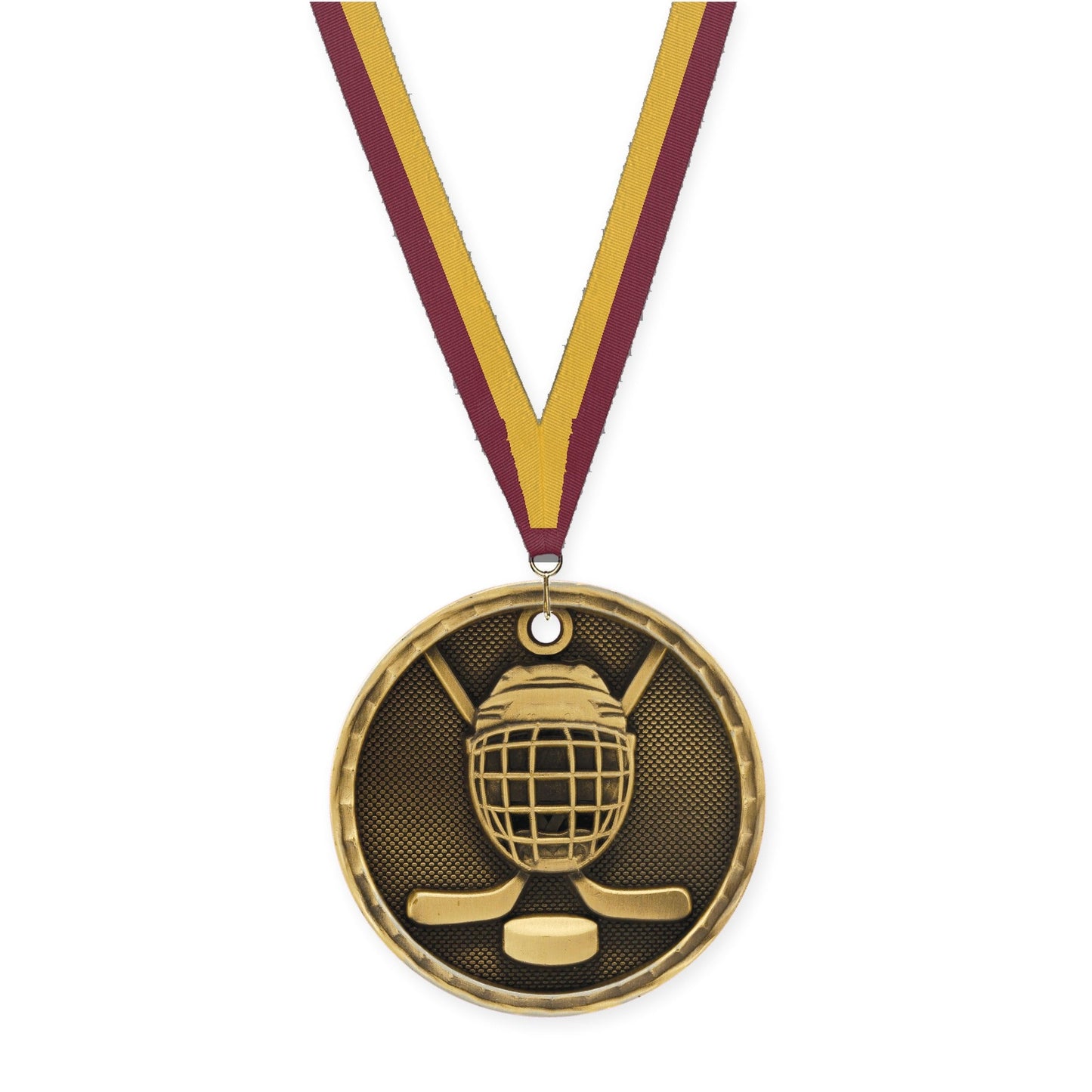 2 inch hockey 3-D medal in antique gold with Maroon Gold neck ribbon