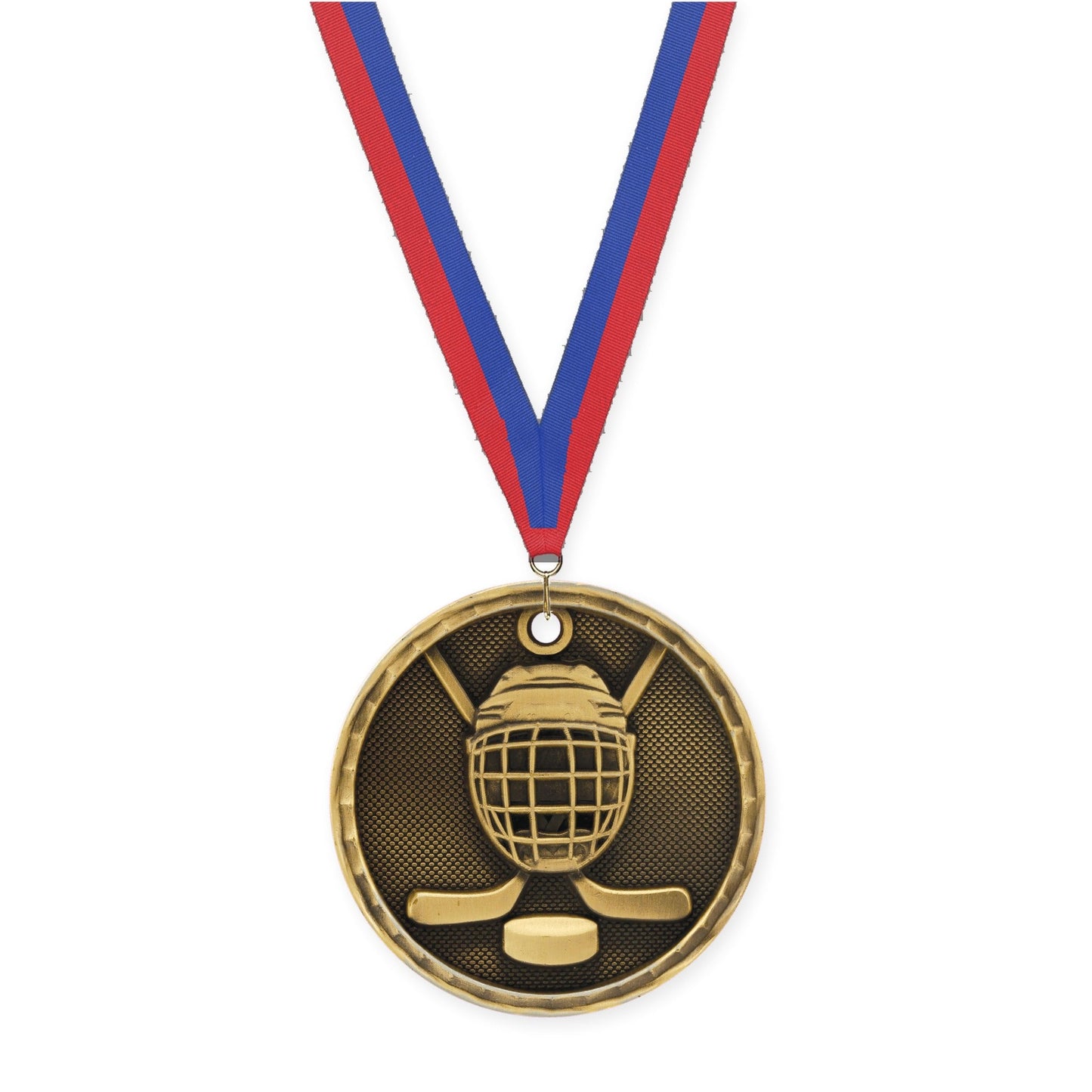 2 inch hockey 3-D medal in antique gold with Blue Red neck ribbon