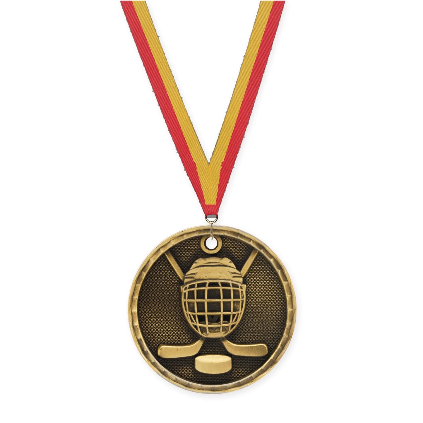 2 inch hockey 3-D medal in antique gold with Red Gold neck ribbon