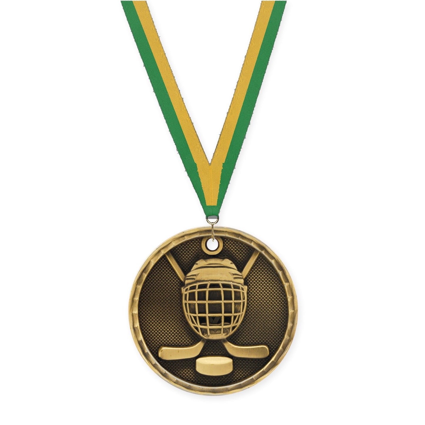 2 inch hockey 3-D medal in antique gold with Green Gold neck ribbon