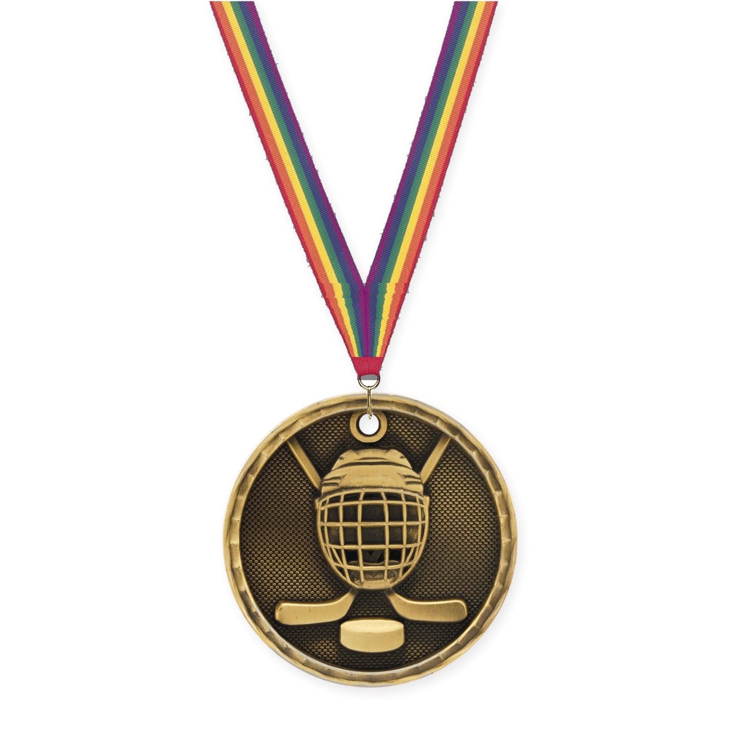 2 inch hockey 3-D medal in antique gold with Rainbow neck ribbon