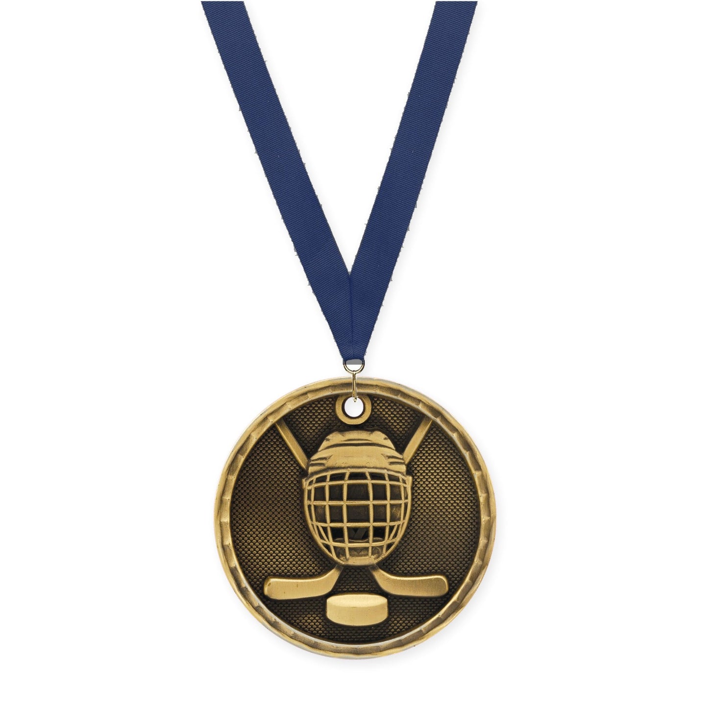 2 inch hockey 3-D medal in antique gold with Navy neck ribbon