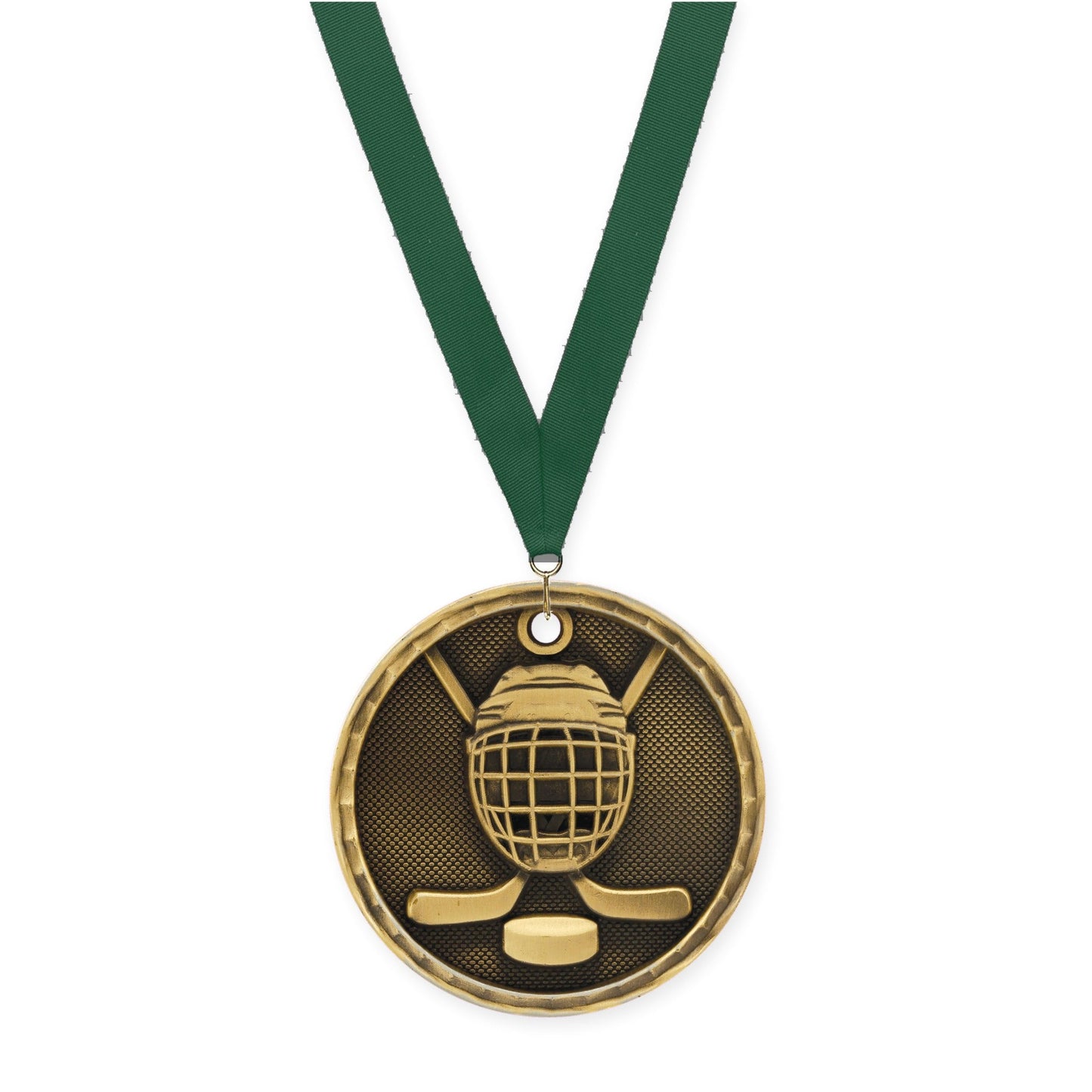 2 inch hockey 3-D medal in antique gold with Hunter Green neck ribbon