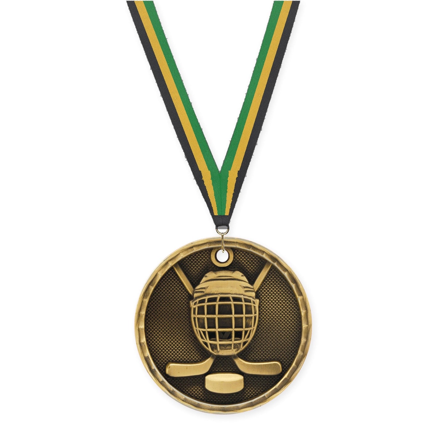 2 inch hockey 3-D medal in antique gold with Black Gold Green neck ribbon