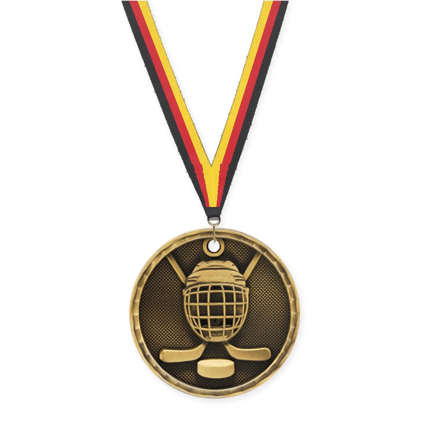 2 inch hockey 3-D medal in antique gold with Black Red Yellow neck ribbon