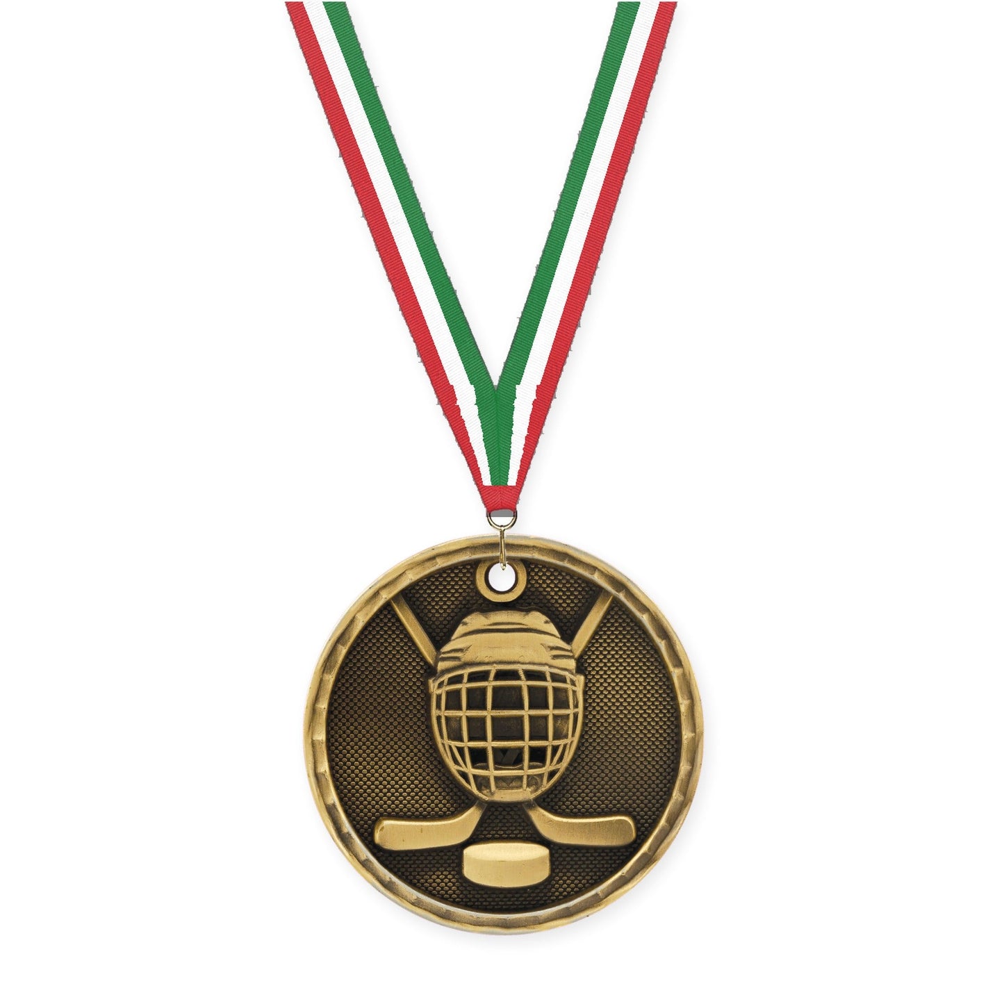 2 inch hockey 3-D medal in antique gold with Red White Green neck ribbon