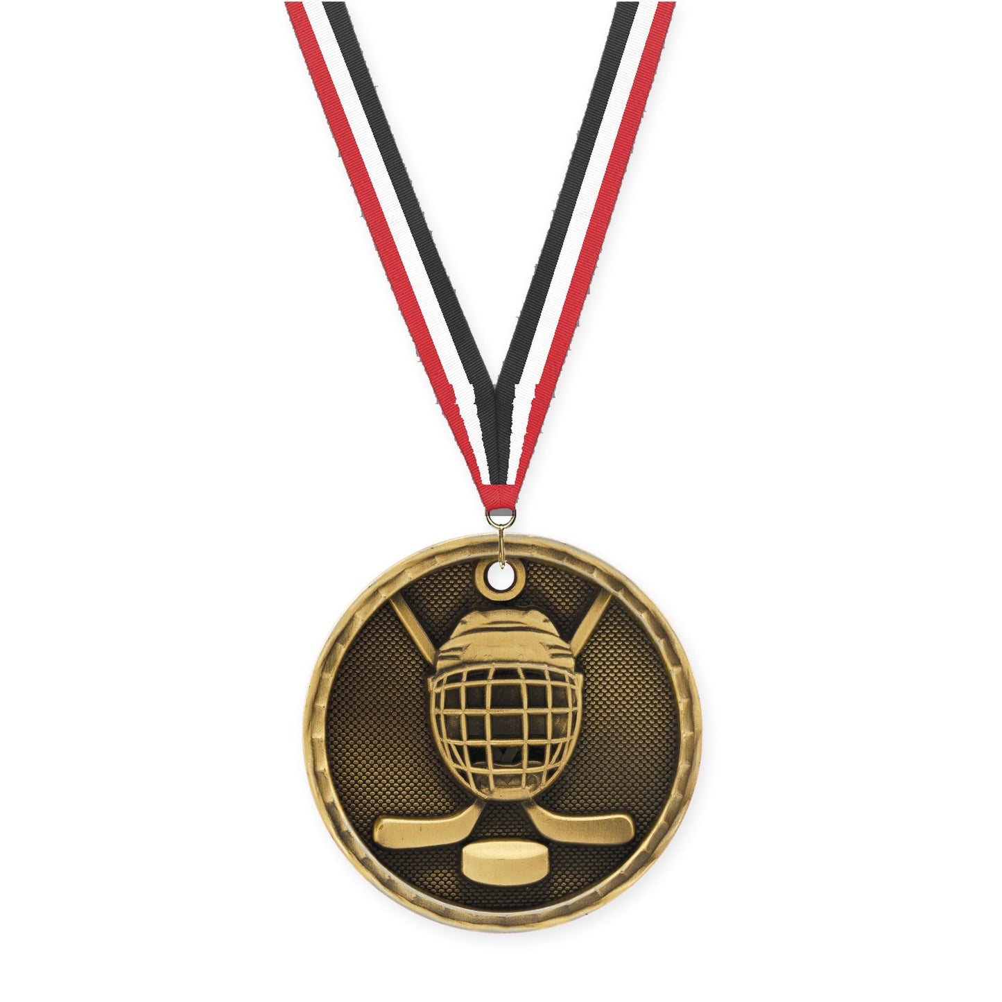 2 inch hockey 3-D medal in antique gold with Red White Black neck ribbon