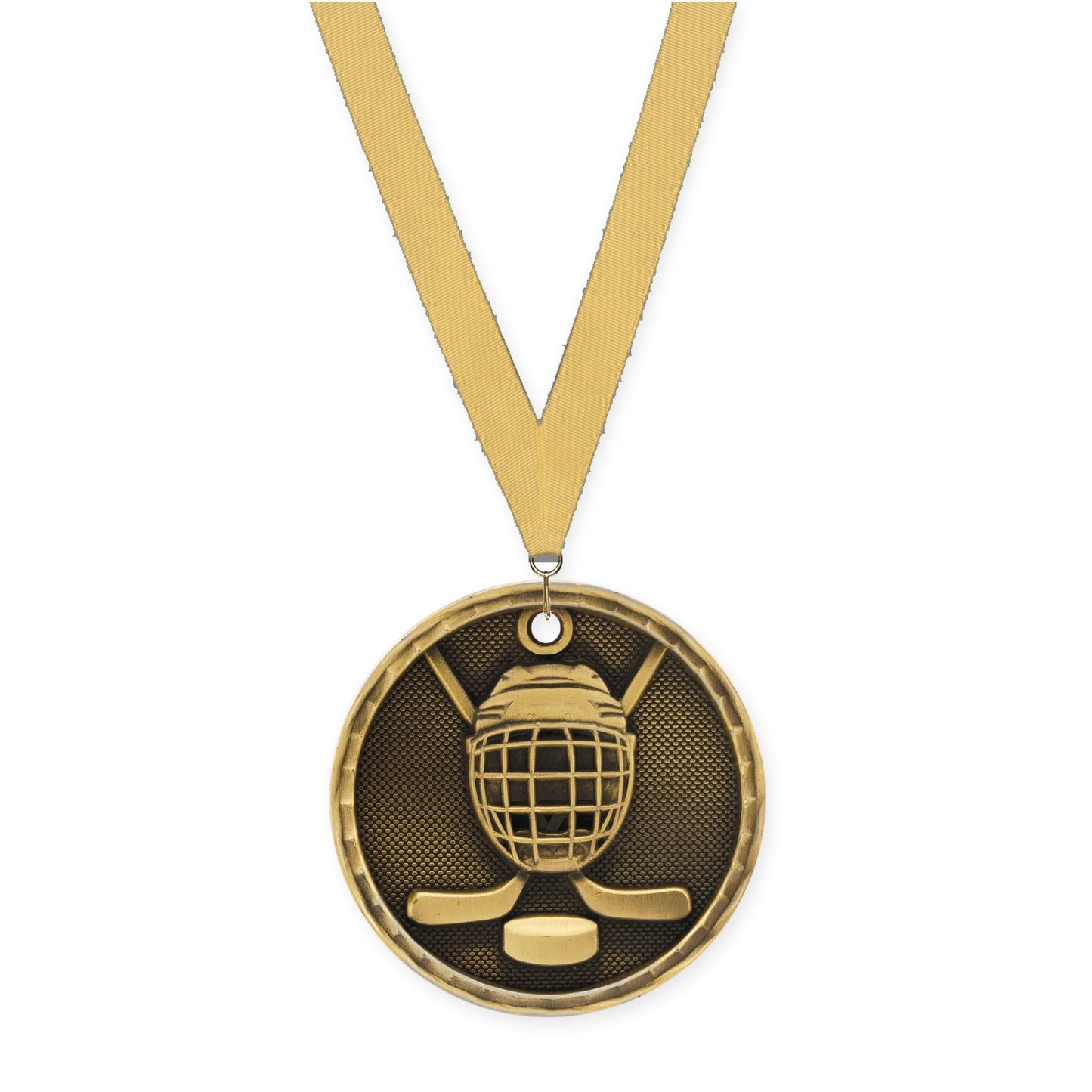 2 inch hockey 3-D medal in antique gold with Gold Metallic neck ribbon