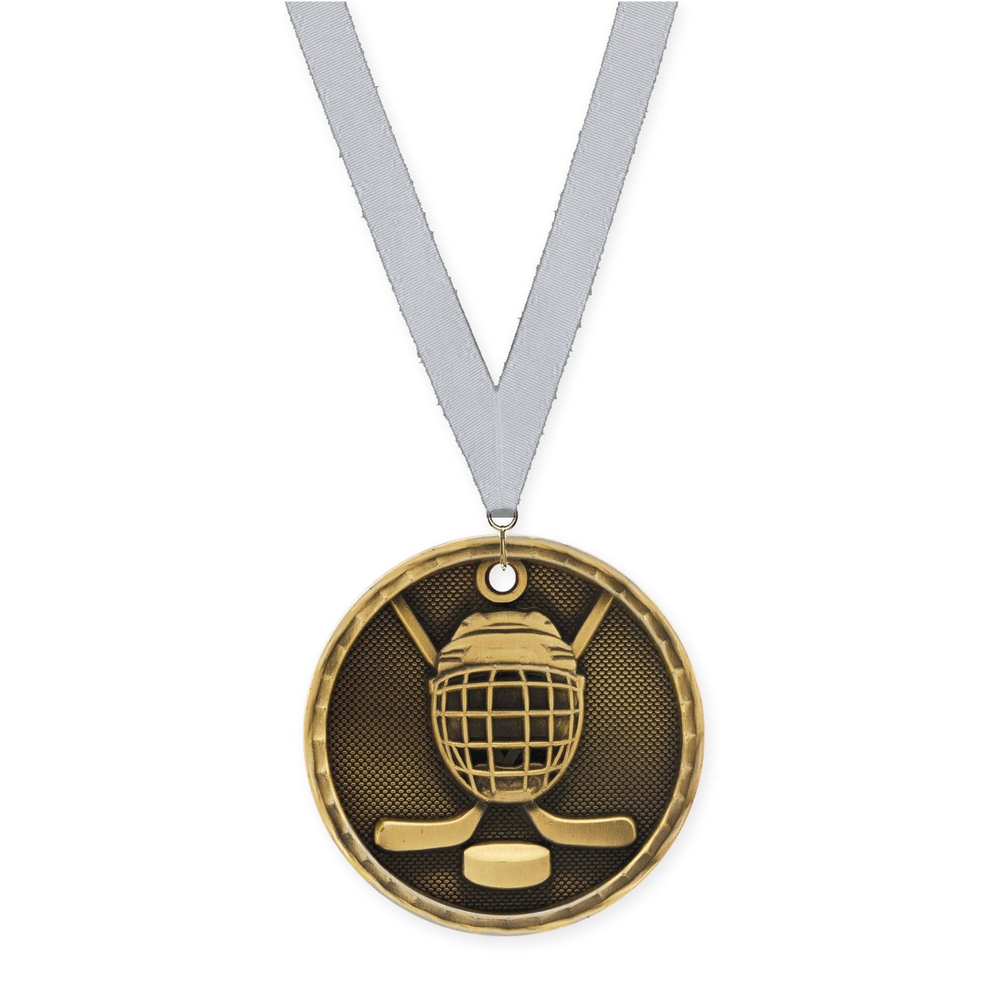2 inch hockey 3-D medal in antique gold with Silver Metallic neck ribbon