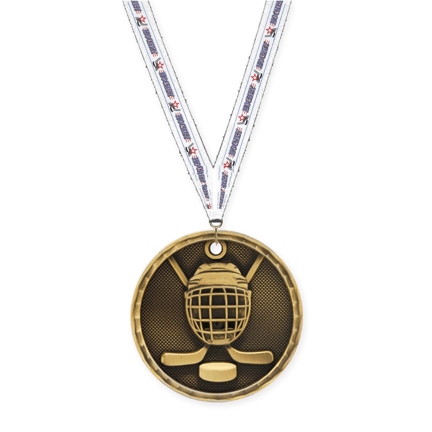 2 inch hockey 3-D medal in antique gold with Hockey neck ribbon