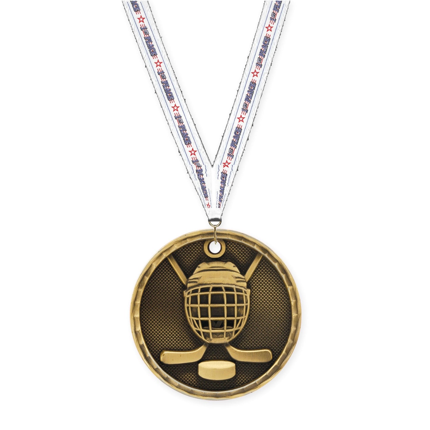 2 inch hockey 3-D medal in antique gold with 1st Place neck ribbon