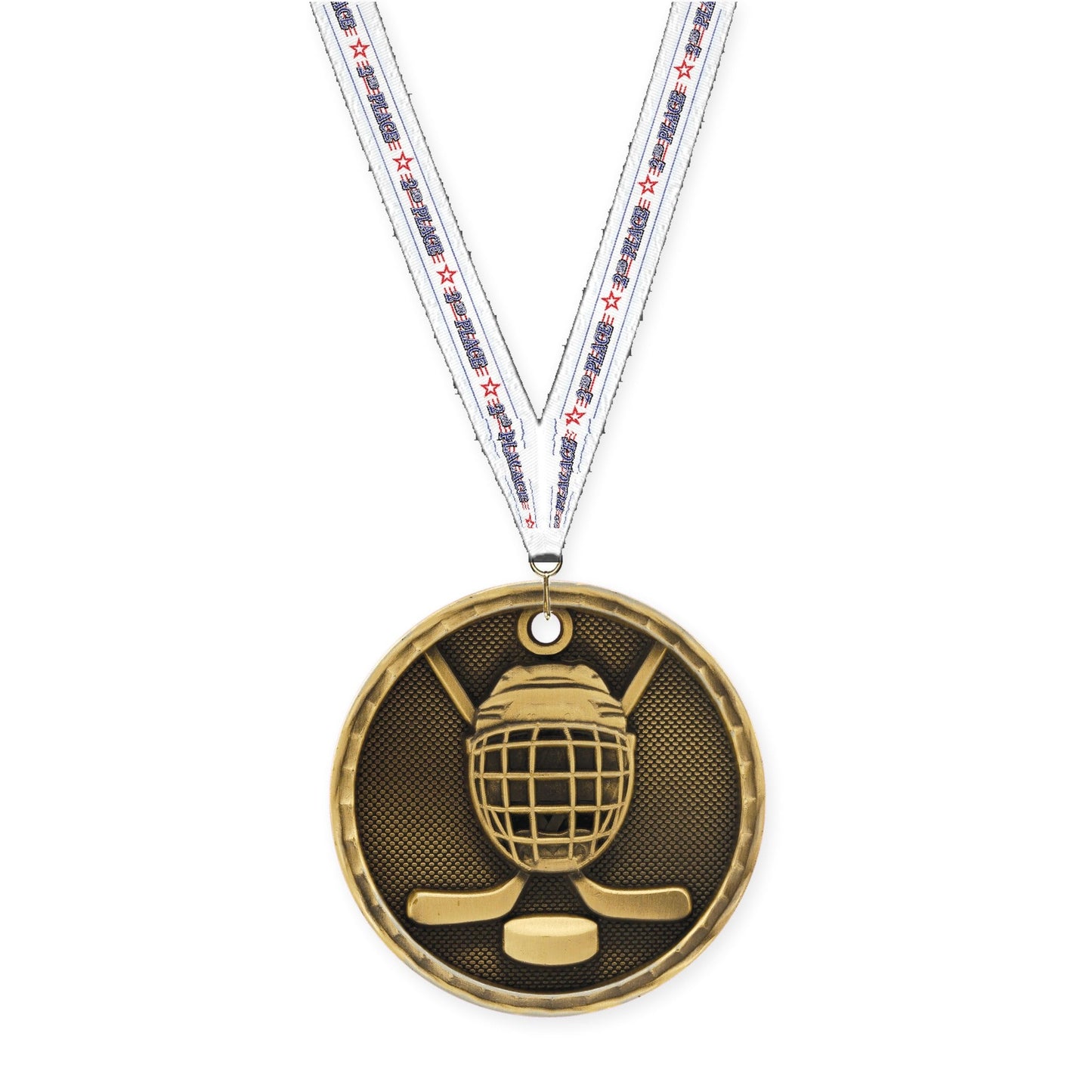 2 inch hockey 3-D medal in antique gold with 2nd Place neck ribbon
