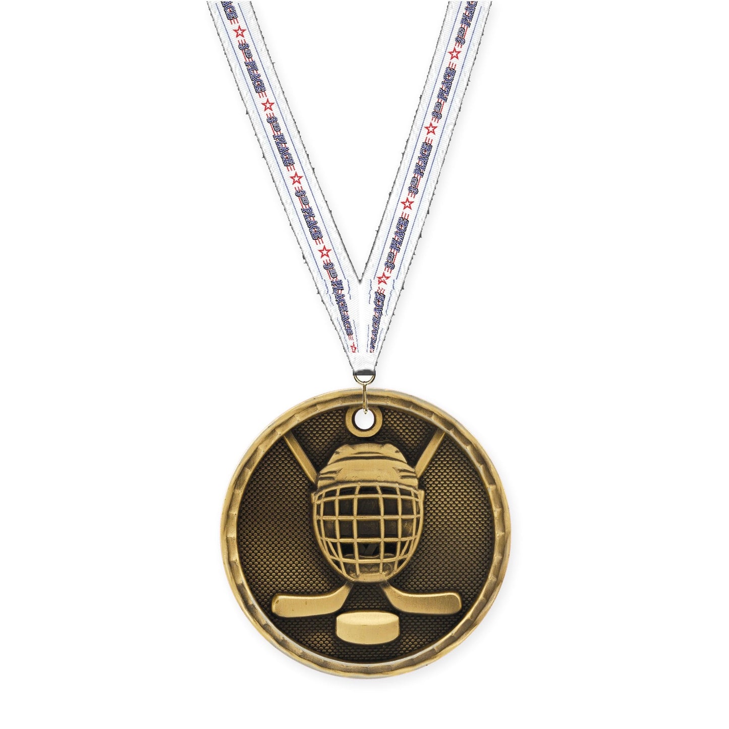 2 inch hockey 3-D medal in antique gold with 3rd Place neck ribbon