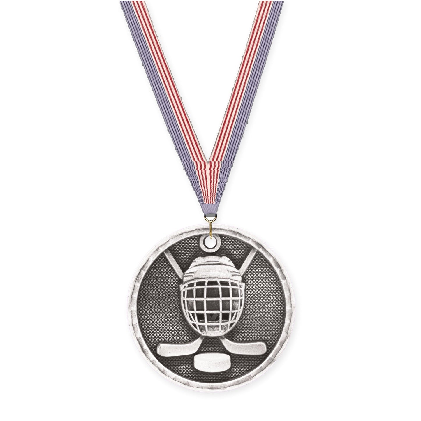 2 inch hockey 3-D medal in antique silver with USA Flag neck ribbon