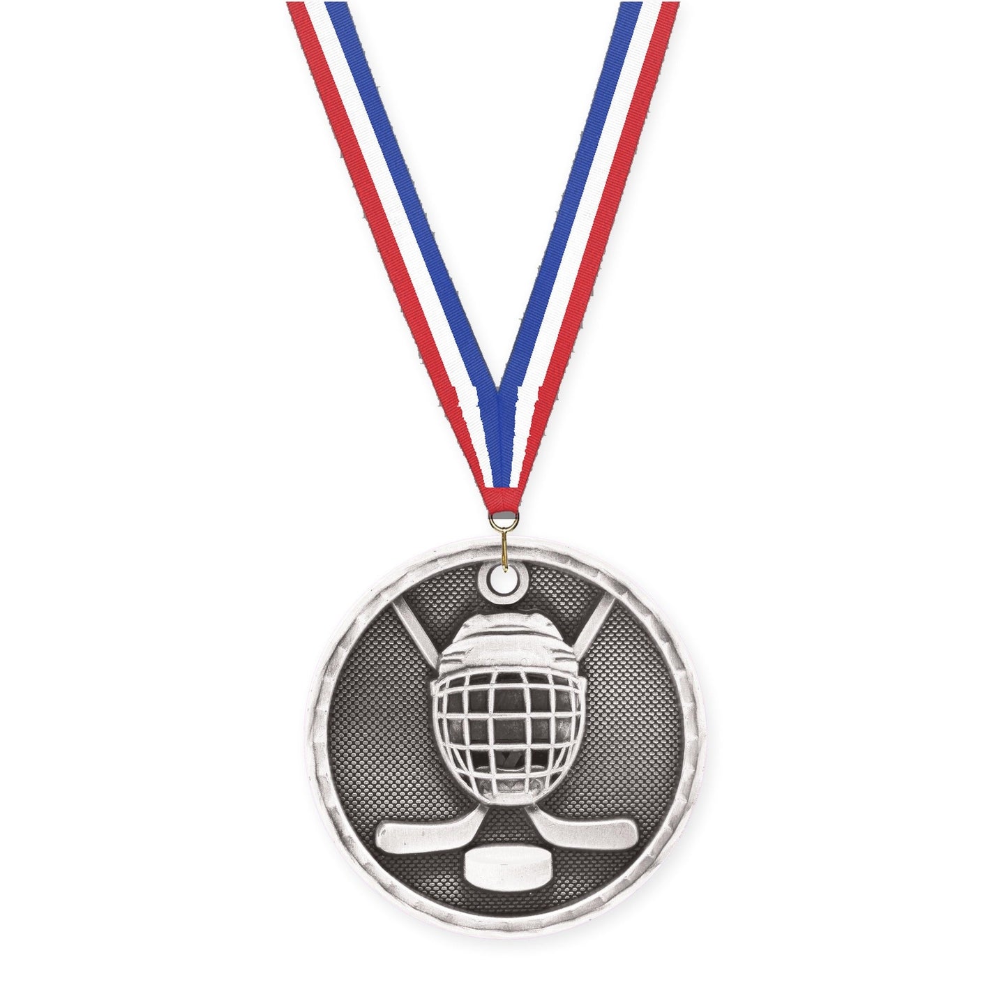 2 inch hockey 3-D medal in antique silver with Red White Blue neck ribbon
