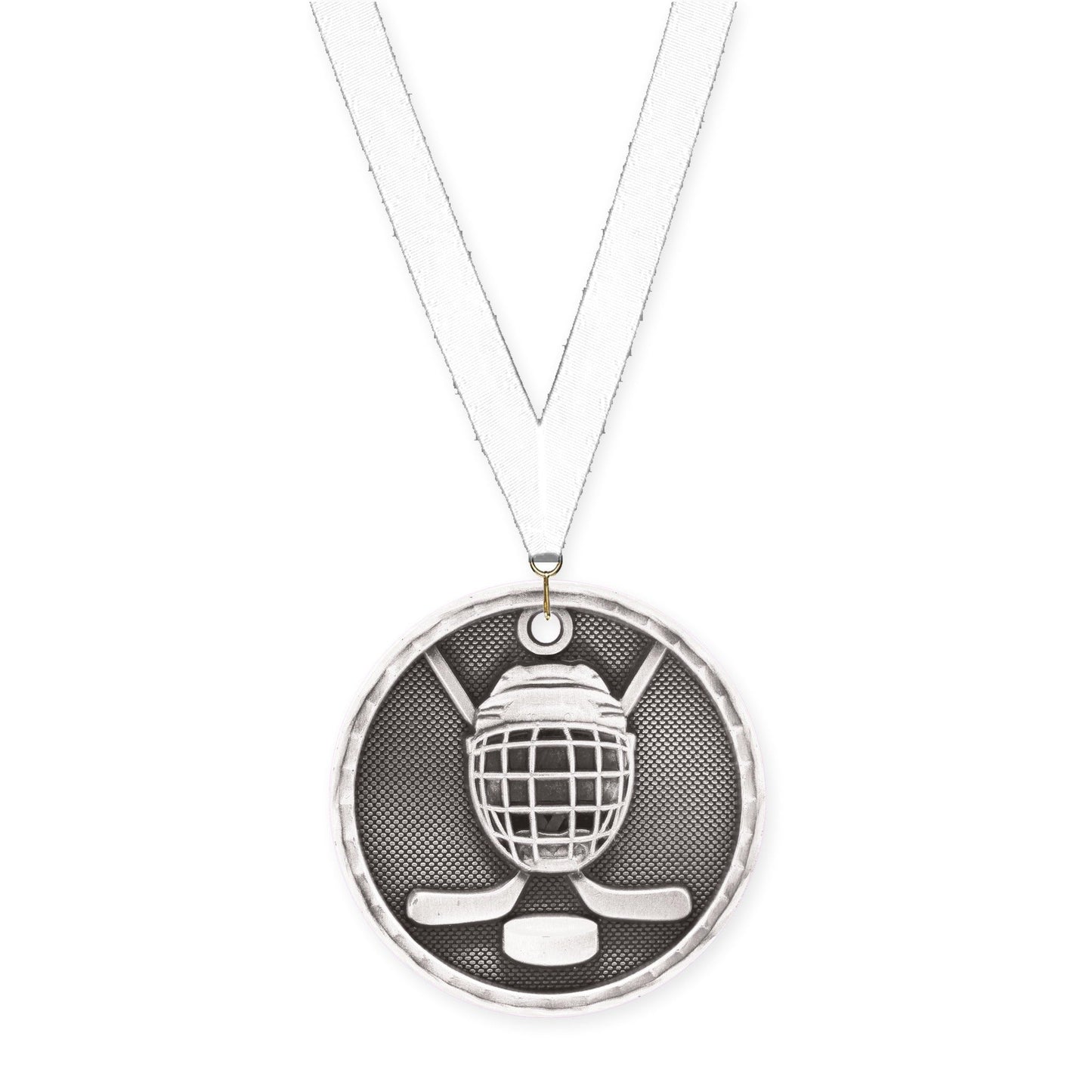 2 inch hockey 3-D medal in antique silver with White neck ribbon