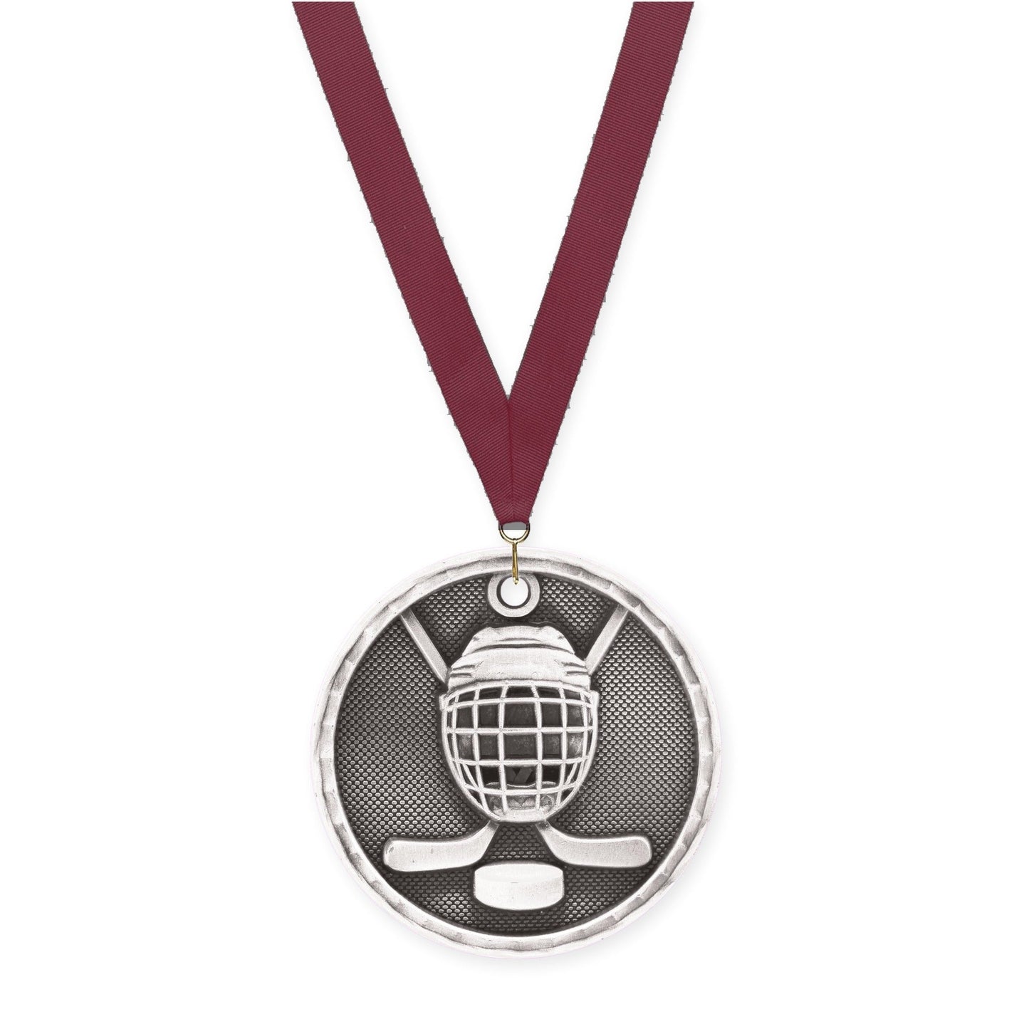 2 inch hockey 3-D medal in antique silver with Maroon neck ribbon