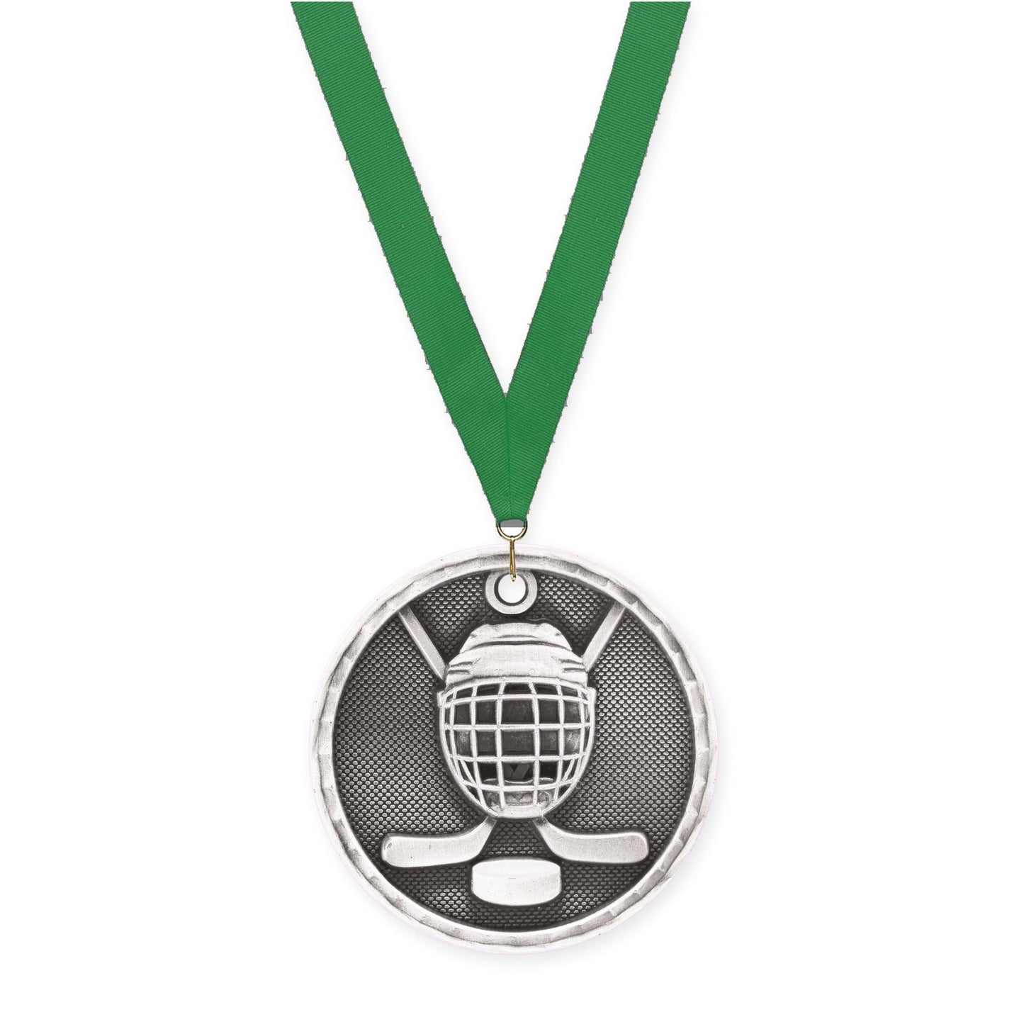 2 inch hockey 3-D medal in antique silver with Green neck ribbon
