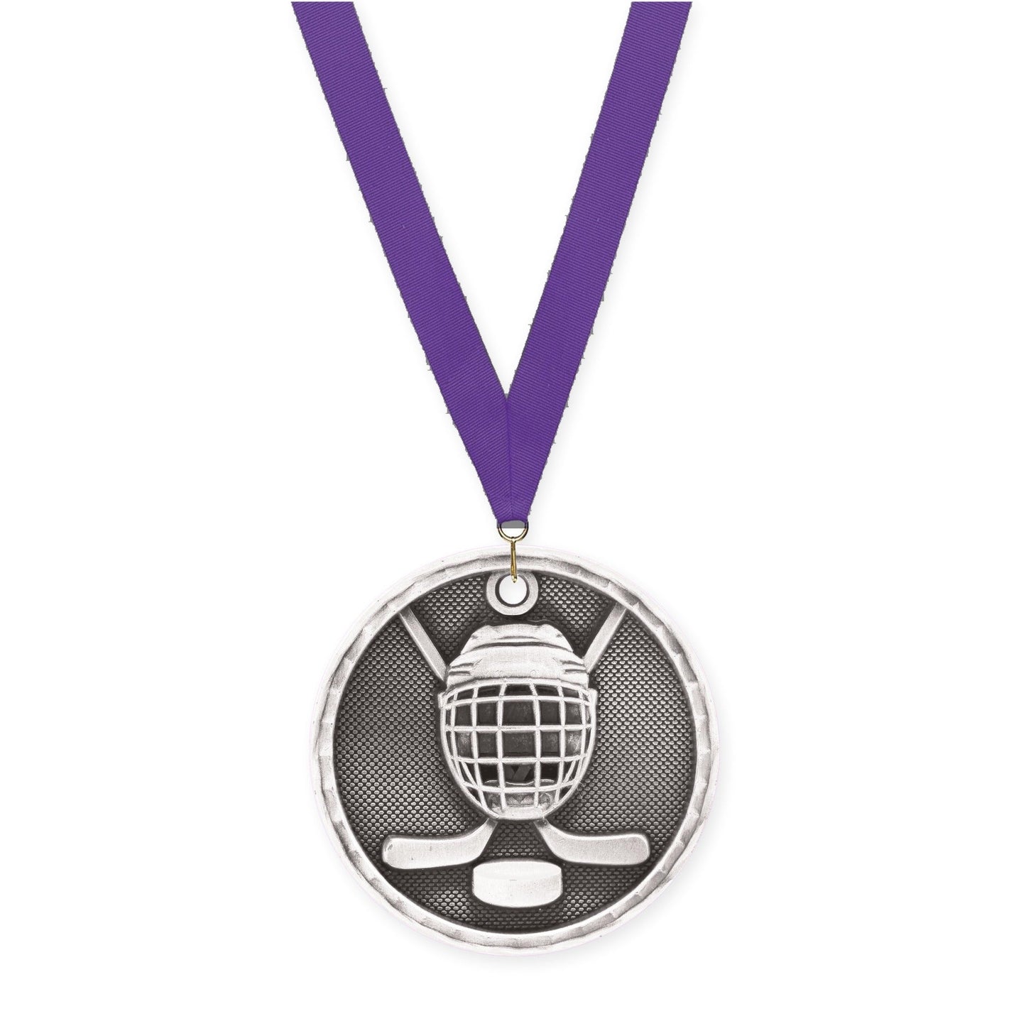 2 inch hockey 3-D medal in antique silver with Purple neck ribbon