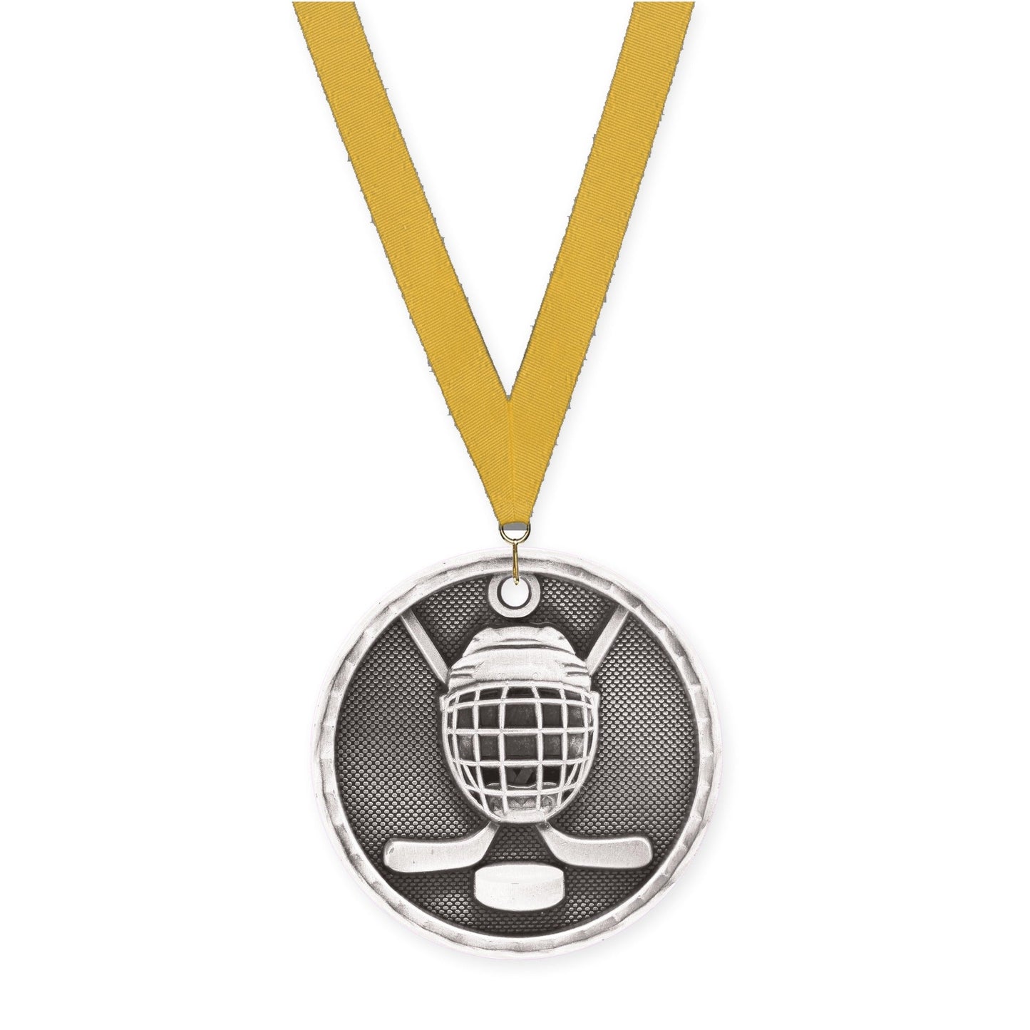 2 inch hockey 3-D medal in antique silver with Gold neck ribbon