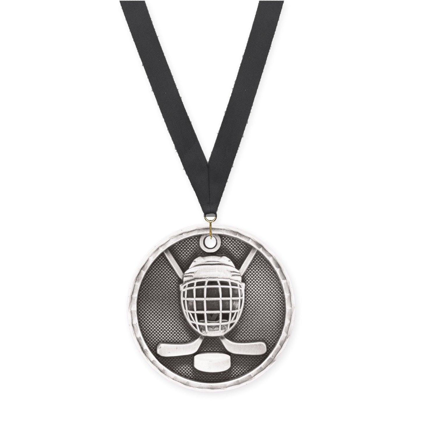 2 inch hockey 3-D medal in antique silver with Black neck ribbon