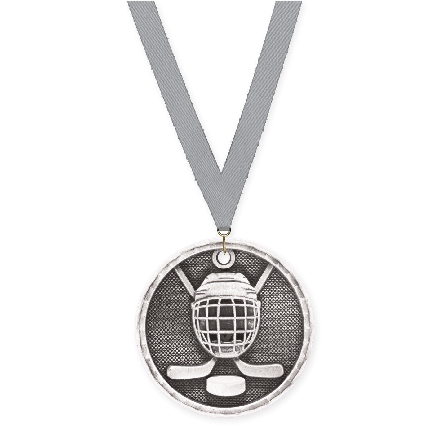 2 inch hockey 3-D medal in antique silver with Gray neck ribbon