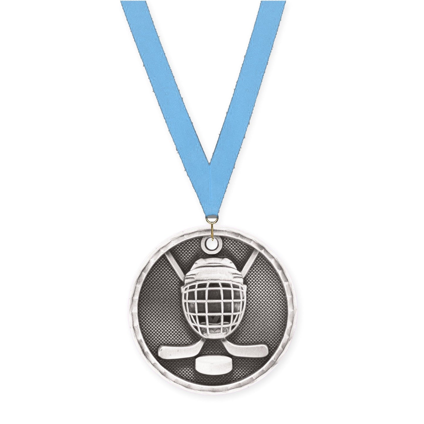 2 inch hockey 3-D medal in antique silver with Light Blue neck ribbon