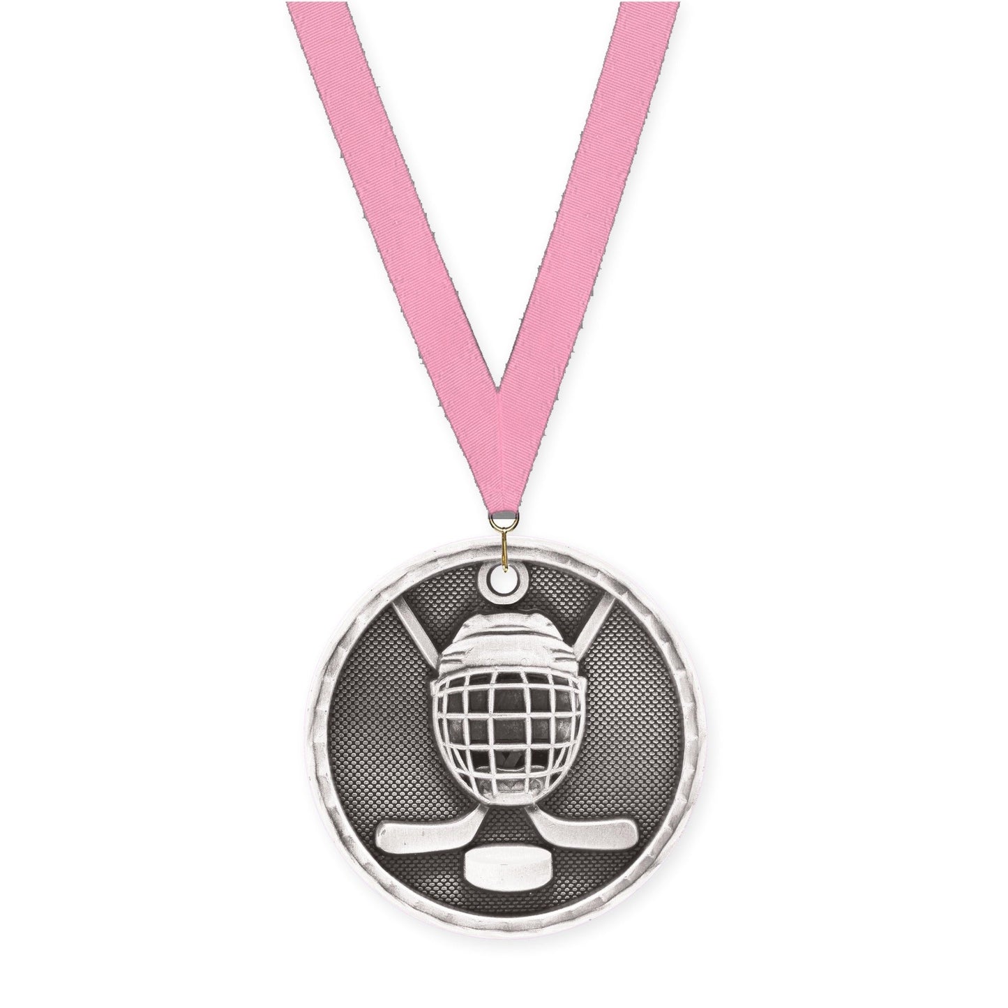2 inch hockey 3-D medal in antique silver with Pink neck ribbon