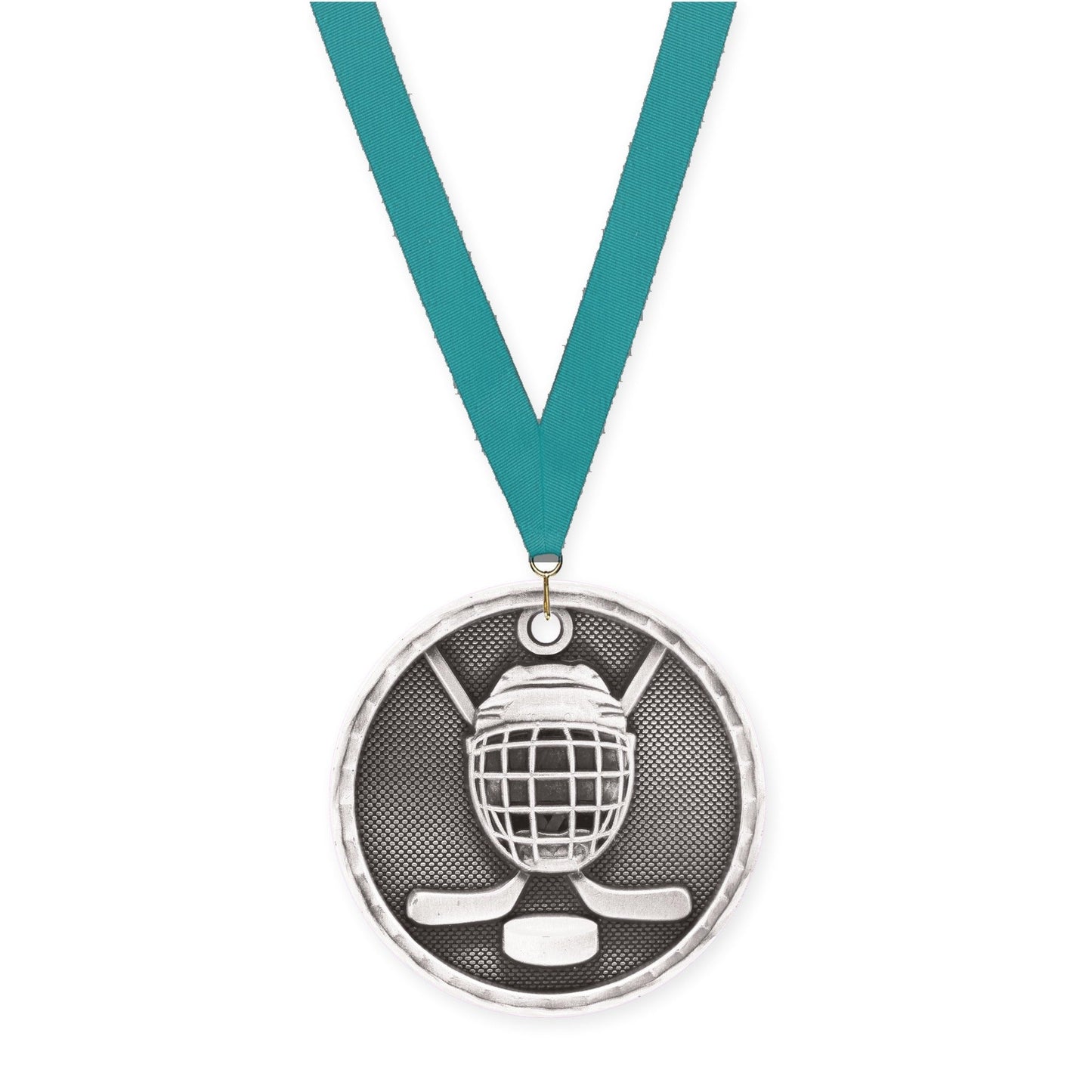 2 inch hockey 3-D medal in antique silver with Teal neck ribbon